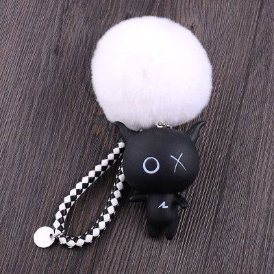 Cartoon XO X O Animal Keychain Women Fur Pom poms Pompom Key Ring Chains Leather Trinket Car Bag Charm D101