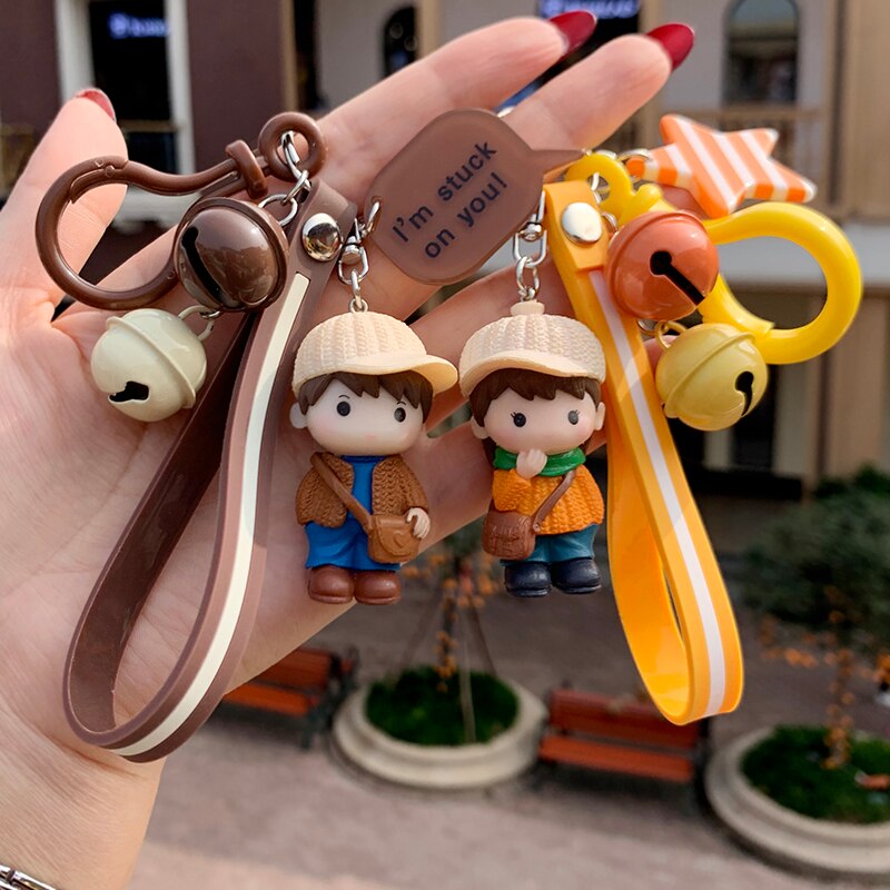 Kawaii Creative Couple Lovers Keychain A Pair Of Cute Men And Women Car Key Ring Female Backpack BAG Pendant Bell Lanyard