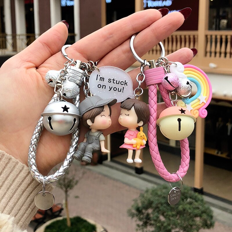 Kawaii Creative Couple Lovers Keychain A Pair Of Cute Men And Women Car Key Ring Female Backpack BAG Pendant Bell Lanyard