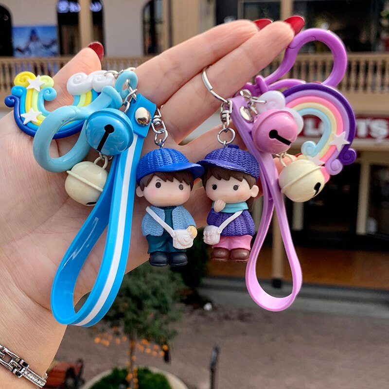 Kawaii Creative Couple Lovers Keychain A Pair Of Cute Men And Women Car Key Ring Female Backpack BAG Pendant Bell Lanyard