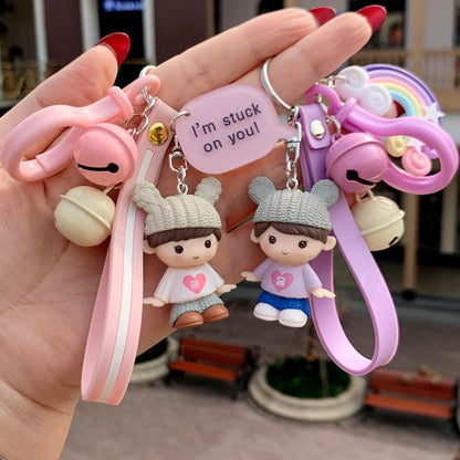 Kawaii Creative Couple Lovers Keychain A Pair Of Cute Men And Women Car Key Ring Female Backpack BAG Pendant Bell Lanyard