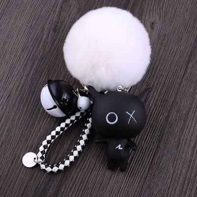 Cartoon XO X O  Animal Keychain Women Fur Pom poms Pompom Key Ring Chains Leather Trinket Car Bag Charm D101