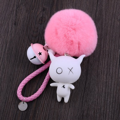 Cartoon XO X O  Animal Keychain Women Fur Pom poms Pompom Key Ring Chains Leather Trinket Car Bag Charm D101