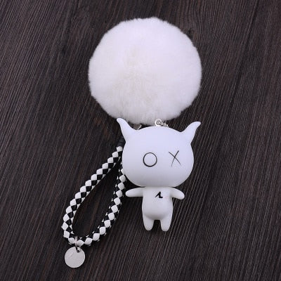 Cartoon XO X O  Animal Keychain Women Fur Pom poms Pompom Key Ring Chains Leather Trinket Car Bag Charm D101