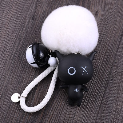 Cartoon XO X O  Animal Keychain Women Fur Pom poms Pompom Key Ring Chains Leather Trinket Car Bag Charm D101