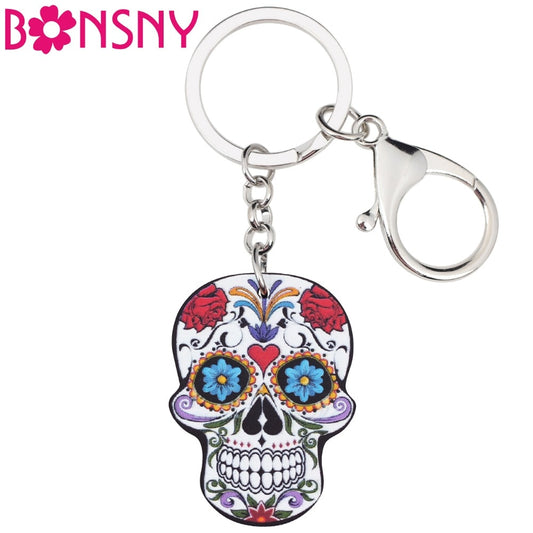 Bonsny Acrylic Cartoon Halloween Skeleton Novelty Skull Key Chains Keyrings For Women Ladies Teens Handbag Car Key Charms Gift