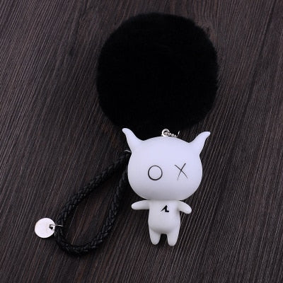 Cartoon XO X O  Animal Keychain Women Fur Pom poms Pompom Key Ring Chains Leather Trinket Car Bag Charm D101