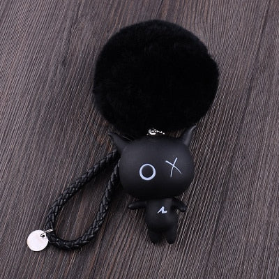 Cartoon XO X O  Animal Keychain Women Fur Pom poms Pompom Key Ring Chains Leather Trinket Car Bag Charm D101