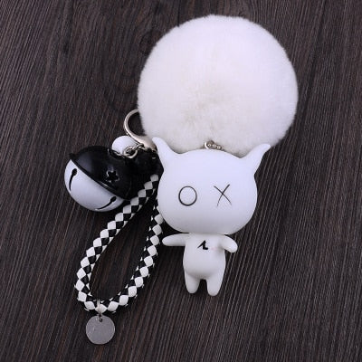 Cartoon XO X O  Animal Keychain Women Fur Pom poms Pompom Key Ring Chains Leather Trinket Car Bag Charm D101