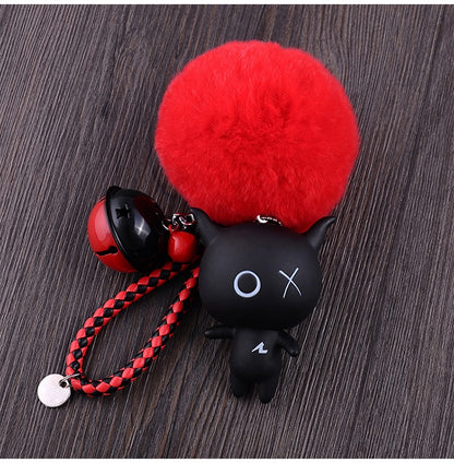 Cartoon XO X O  Animal Keychain Women Fur Pom poms Pompom Key Ring Chains Leather Trinket Car Bag Charm D101