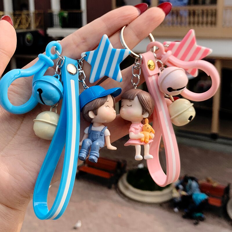 Kawaii Creative Couple Lovers Keychain A Pair Of Cute Men And Women Car Key Ring Female Backpack BAG Pendant Bell Lanyard