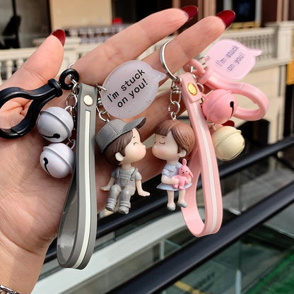 Kawaii Creative Couple Lovers Keychain A Pair Of Cute Men And Women Car Key Ring Female Backpack BAG Pendant Bell Lanyard